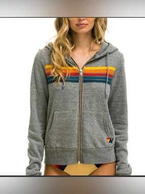 Aviator Nation Full Zip 5 Stripe Hoodie HEATHER GREY Size Medium